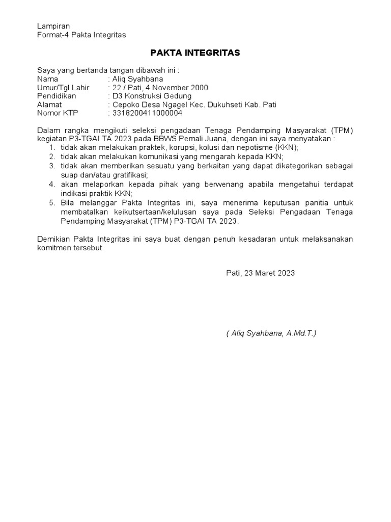 Pakta Integritas Seleksi TPM 2023 | PDF | Politik | Ilmu Sosial