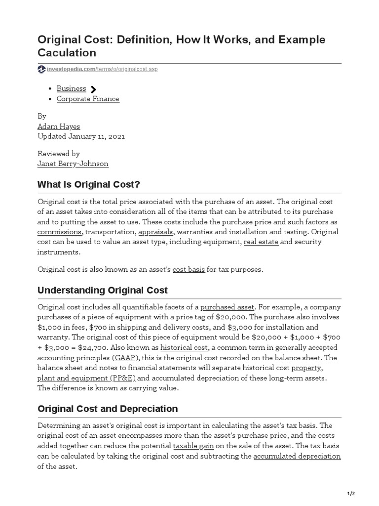 Original Cost Definition How It Works and Example Caculation PDF