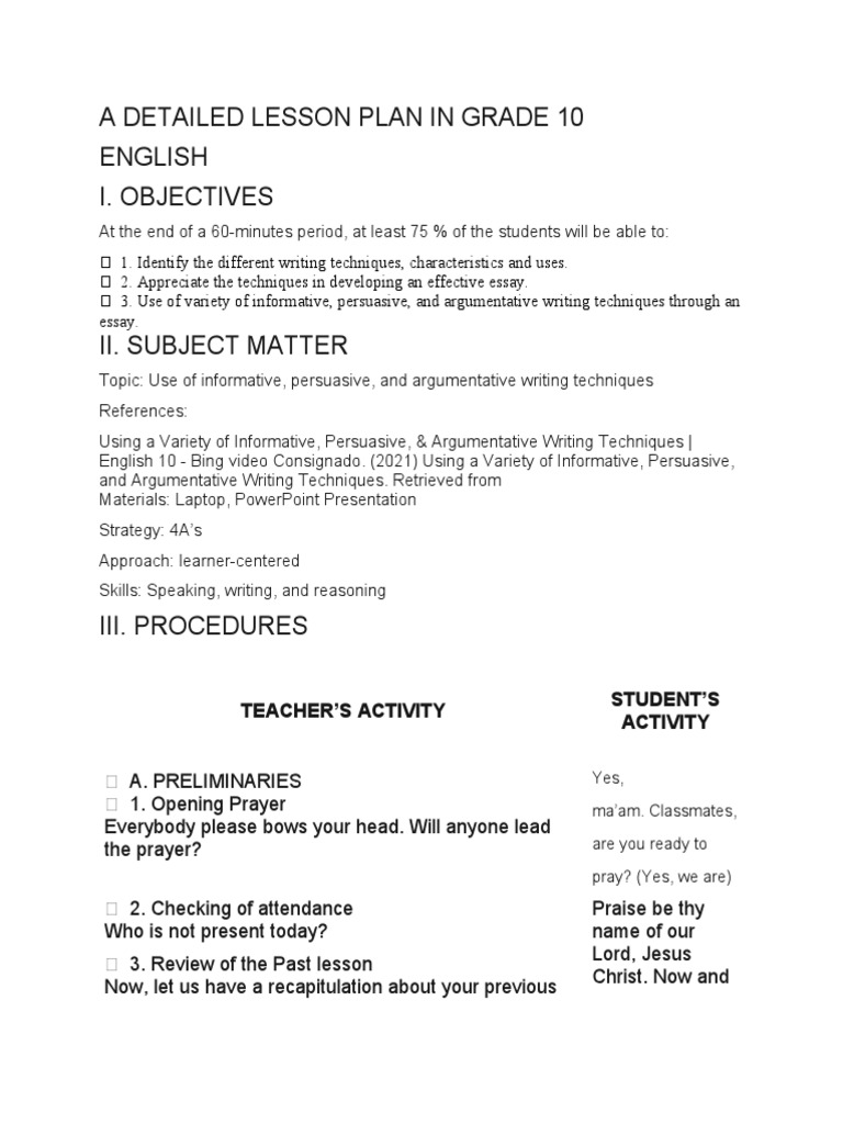 A Detailed Lesson Plan in Grade 10 | PDF | Essays | Argument