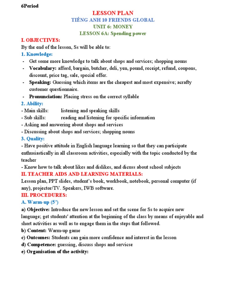 Lesson Plan 6A | PDF | Lesson Plan | Vocabulary