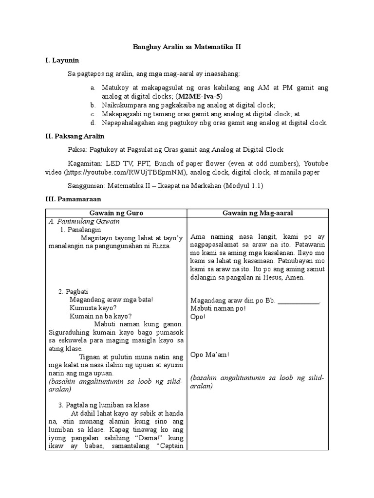 Banghay Aralin Sa Matematika II | PDF