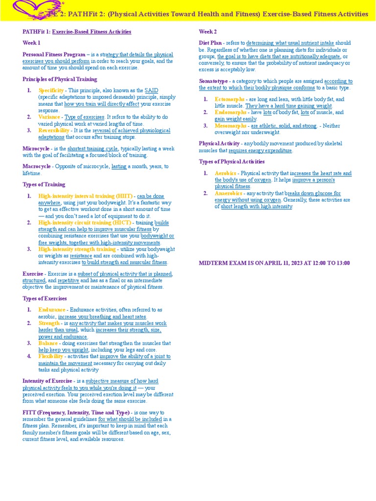 PathFit 2 Exercise Activities Overview | PDF | Physical Fitness ...