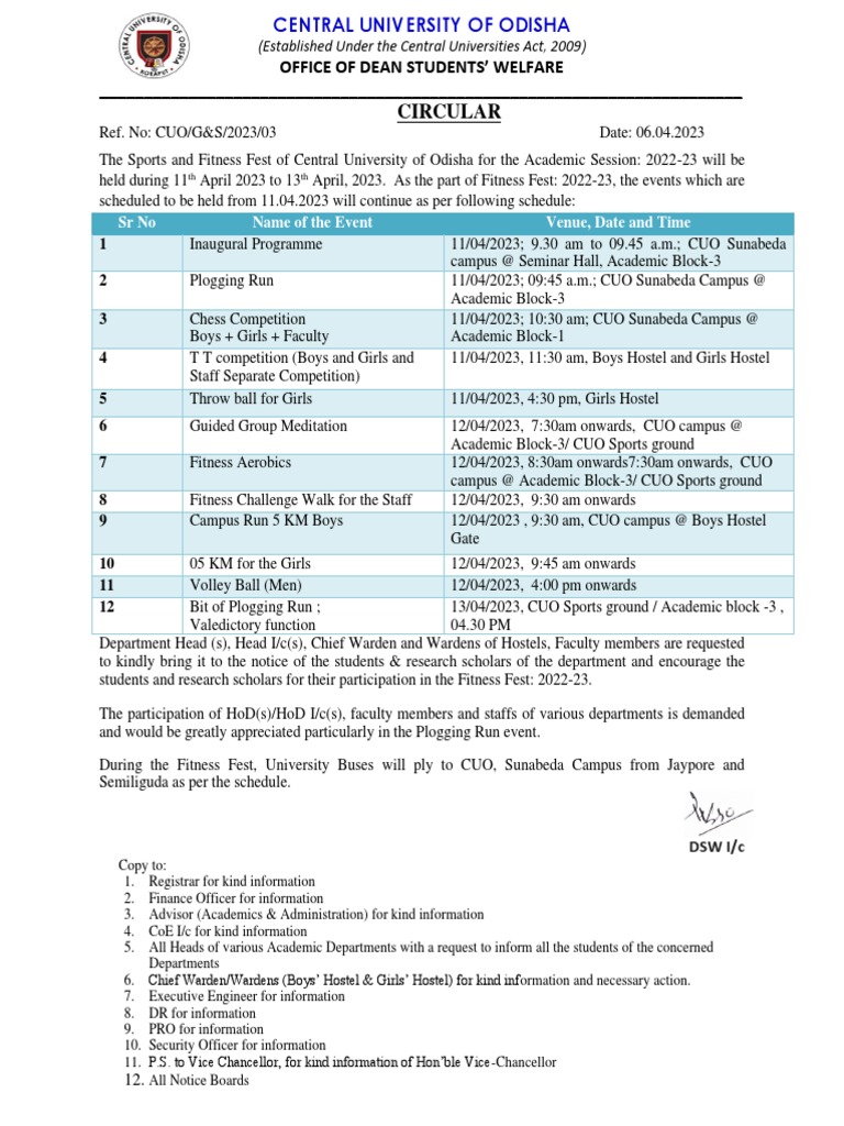 Circular: Office of Dean Students' Welfare | PDF | Academic ...