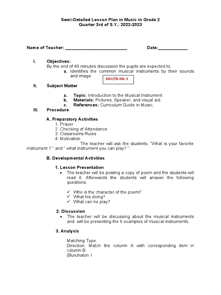 Mu2Tb Iiib 3 PDF Musical Instruments Lesson Plan