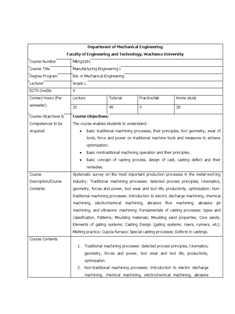Manufacturing Engineering I Syllabus | PDF | Casting (Metalworking ...