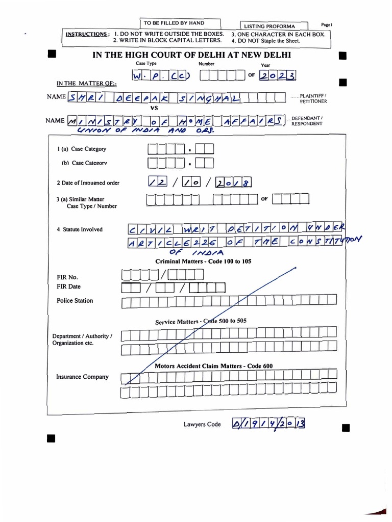 Writ Petition Format for Delhi High Court | PDF | Writ | Detention ...