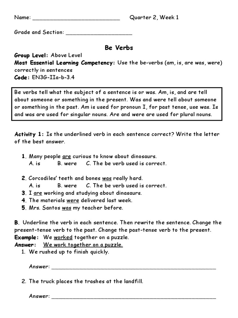 Be Verbs PDF Verb Grammatical Tense