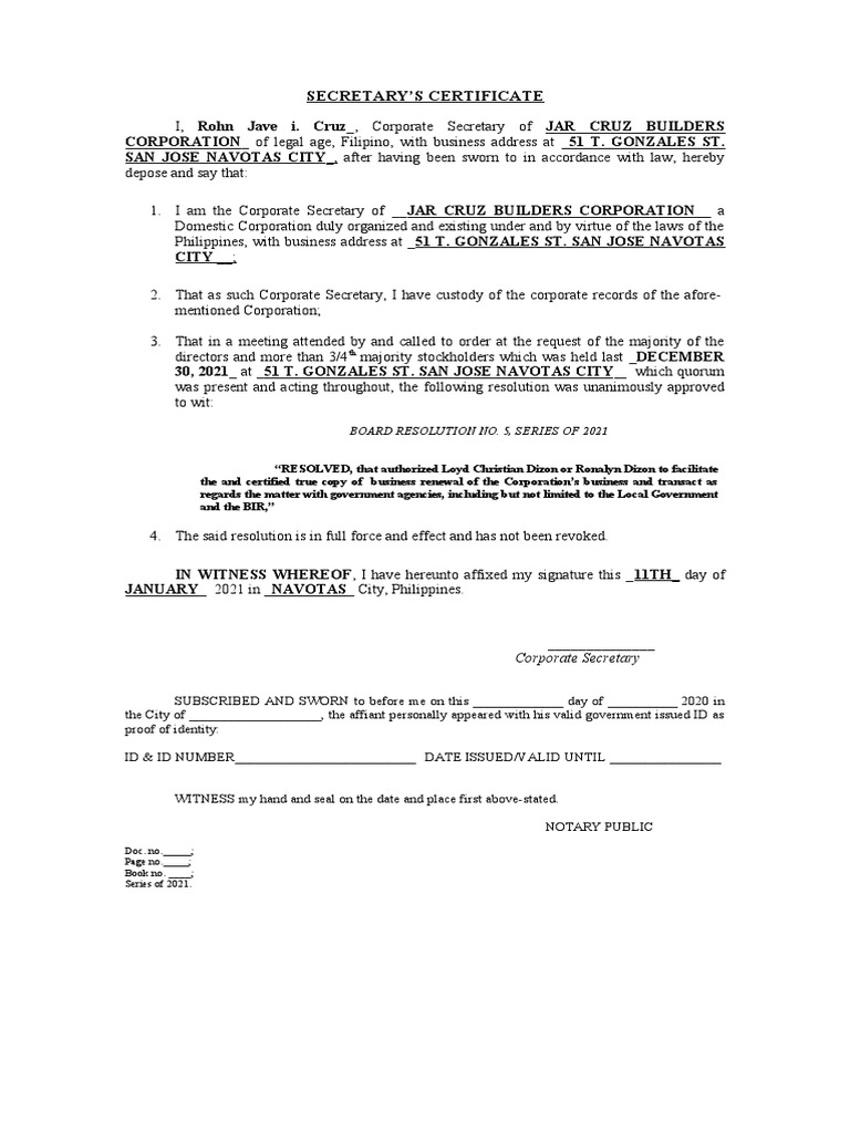 Secretary'S Certificate Board Resolution No. 5, Series of 2021 PDF