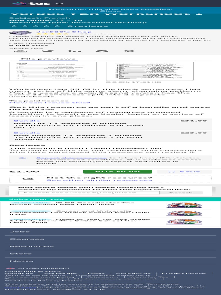 YER Verbs in French Verbes YER Worksheet 1 Teaching Resources | PDF