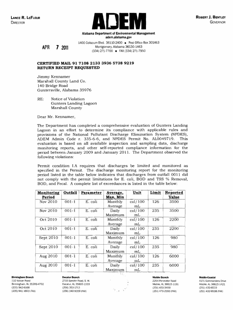 ADEM Notice of Violations To Gunters Landing Lagoon PDF Clean Water