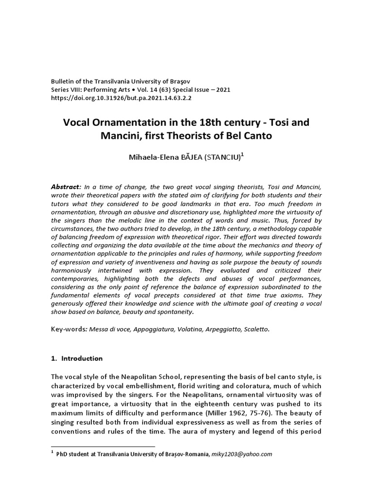Vocal Ornamentation in The 18th Century Tosi and Mancini, First