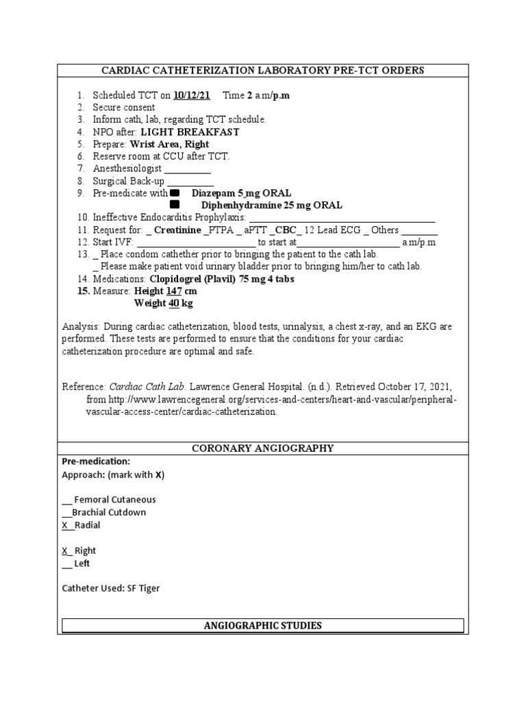 Cardiac Catheterization Pre-Procedure Orders | PDF | White Blood Cell ...