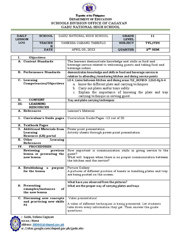 Plate And Tray Carrying Technique Pdf Learning Curriculum