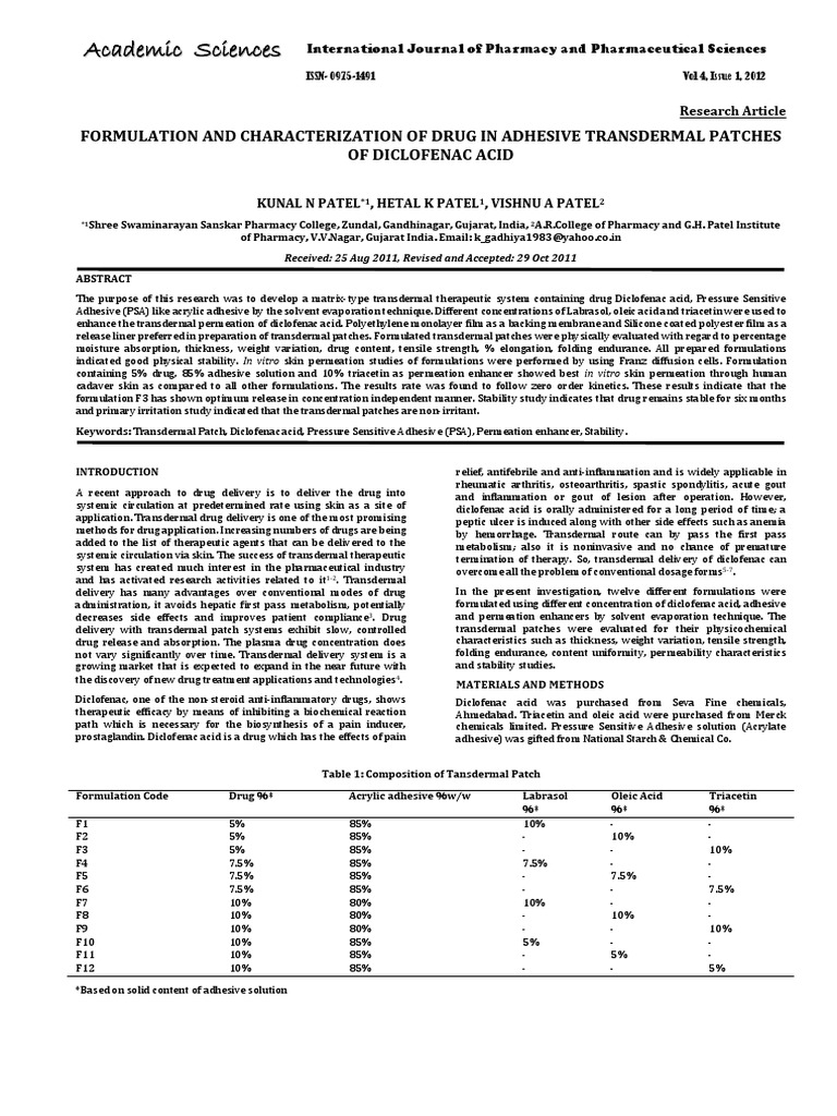 Diclofenac Transdermal Patch Development | PDF | Humidity | Osteoarthritis