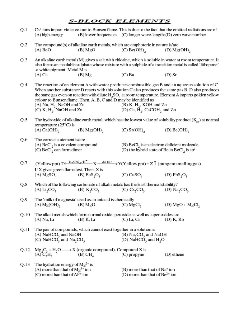 S Block Elements 13th Q B Pdf Hydroxide Magnesium