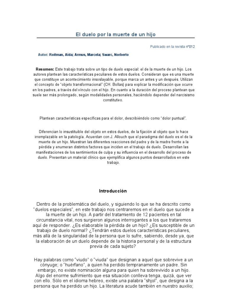 Duelo por la muerte de un hijo | PDF | Dolor | Trauma psicólogico