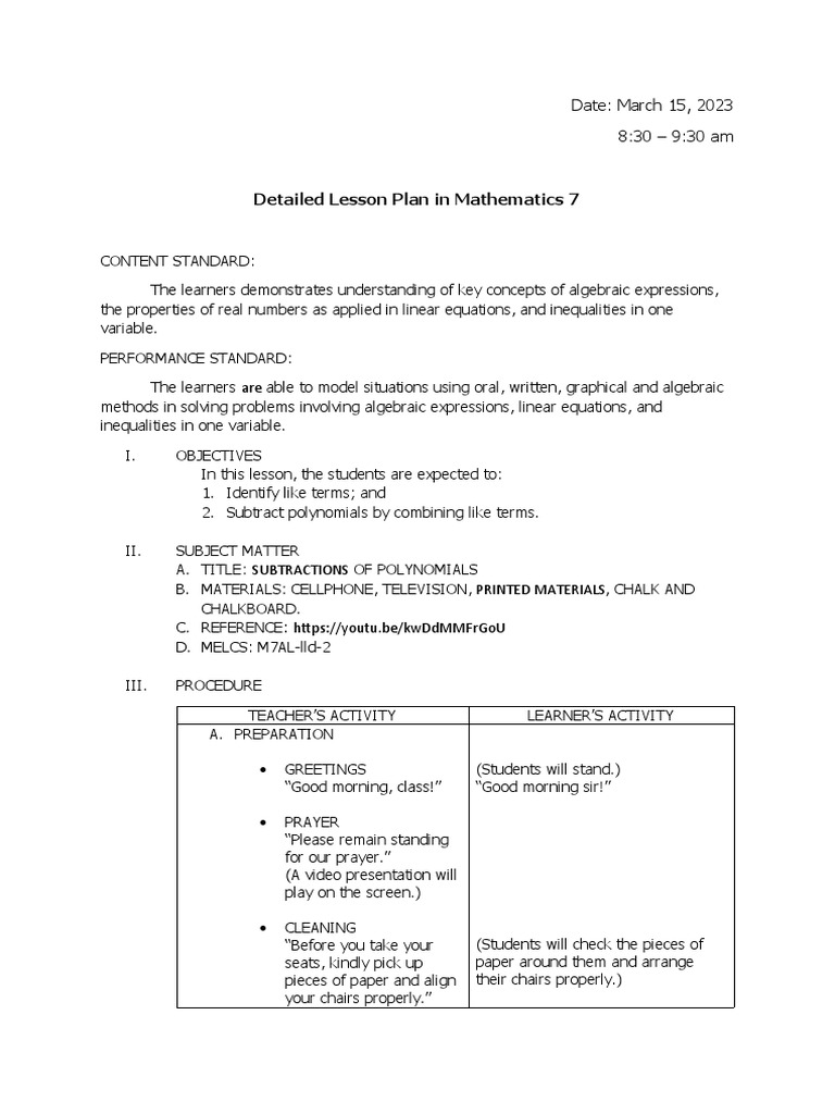 Detailed Lesson Plan in Math 7 Subtraction of Polynomials PDF
