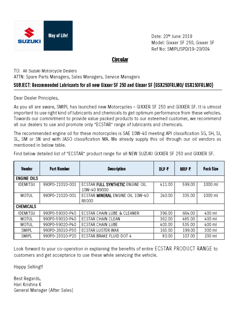 Recommended ECSTAR Lubricants for Gixxer SF | PDF