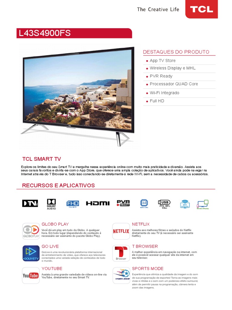 L43S4900FS: TCL Smart TV | PDF | YouTube | Aplicativo para celular