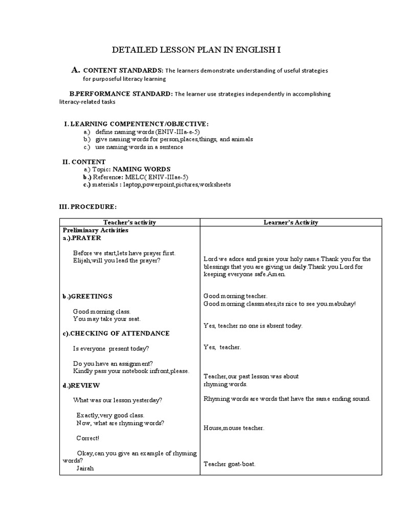 Grade 1 Lesson Plan on Naming Words | PDF | Teachers | Lesson Plan