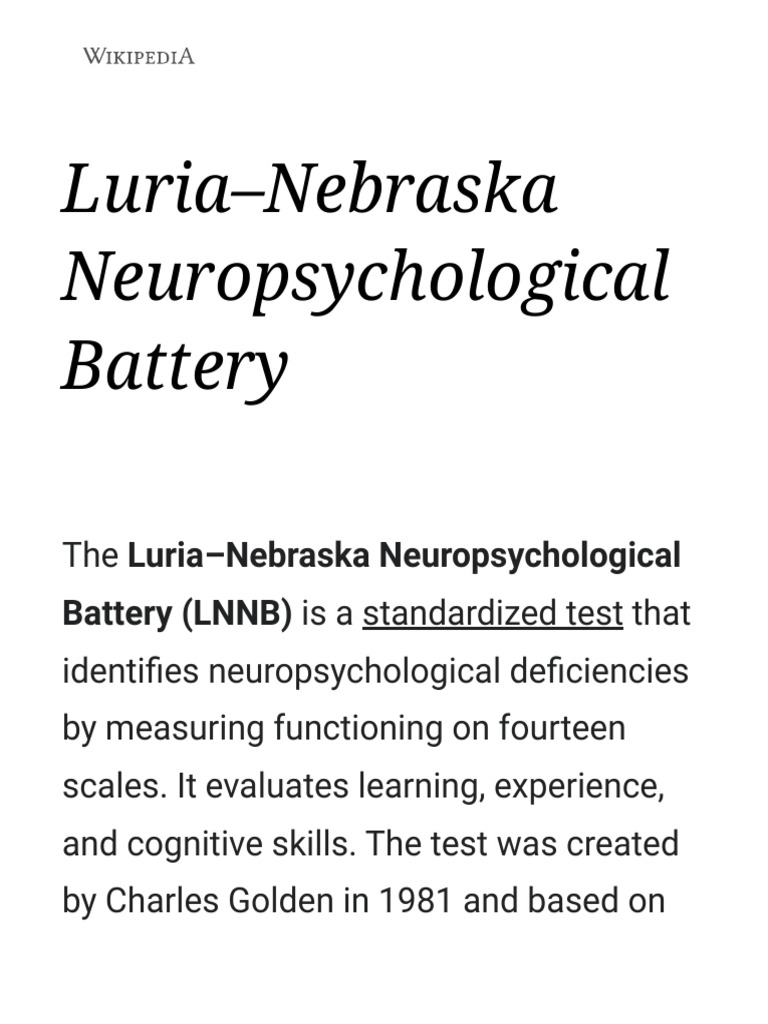 Luria-Nebraska Neuropsychological Battery: Battery (LNNB) Is A Standardized  Test That | PDF | Clinical Medicine | Brain