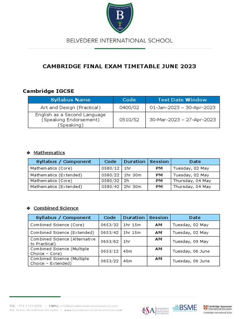 Cambridge Final Exam Timetable June 2023 PDF