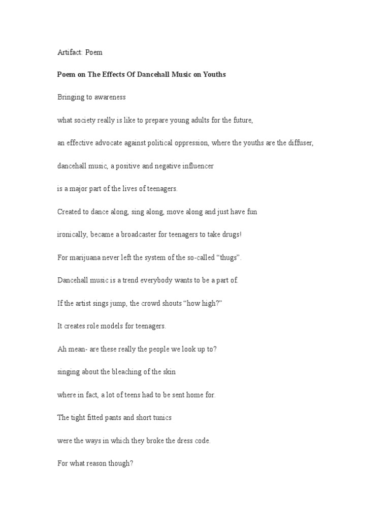 Poem on the effects of dancehall music on youths pdf adolescence