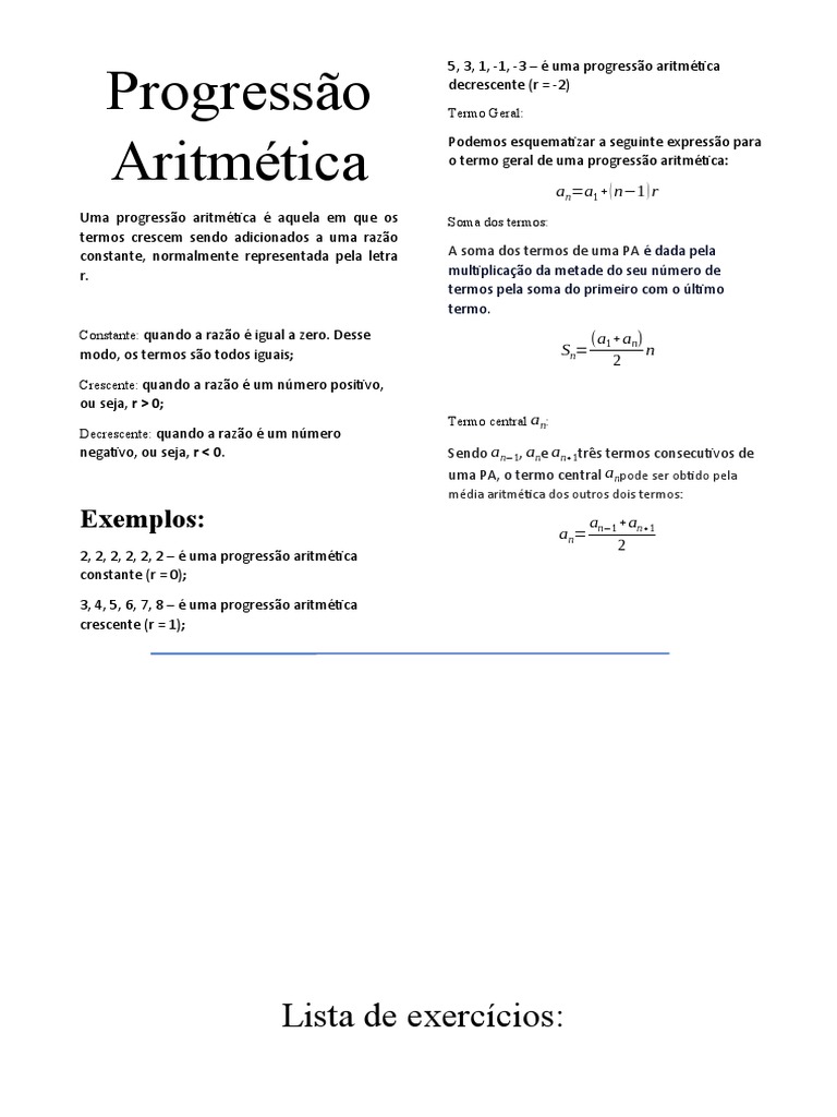 Progressão Aritmética: Conceitos e Exemplos | PDF