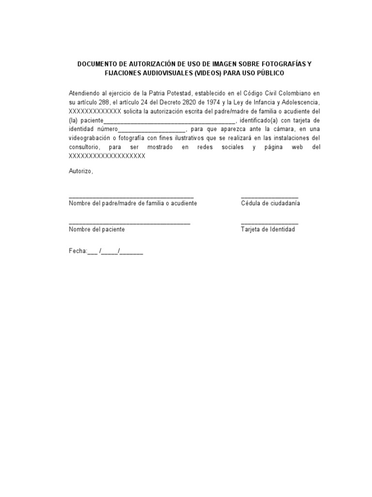 Formato consentimiento y uso de imagen pdf