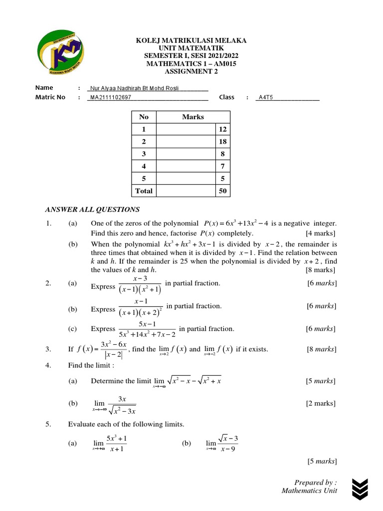 Semester 1 Math Assignment 2021/2022 | PDF | Mathematics | Numerical ...