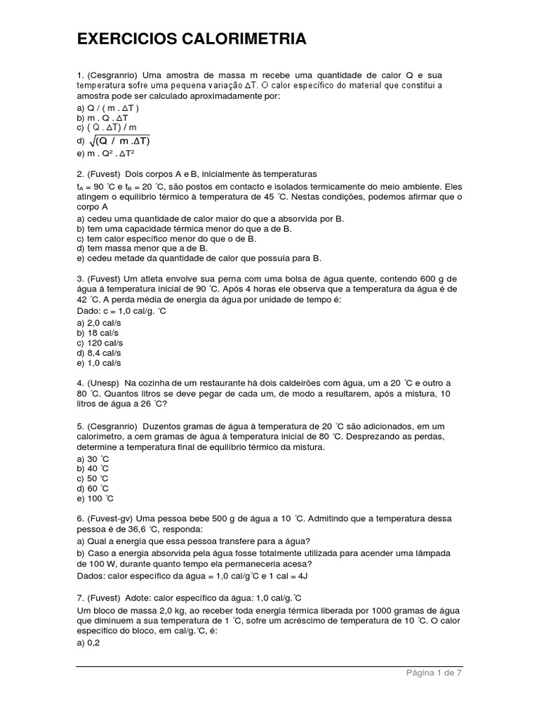 Exercícios de Calorimetria para 4º Ano | PDF | Calor | Calorimetria