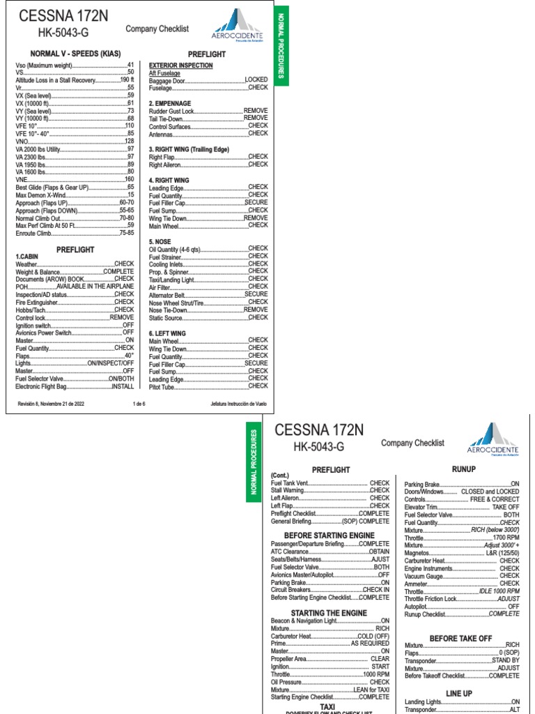 Company Checklist: Normal V - Speeds (Kias) Preflight | PDF | Throttle ...