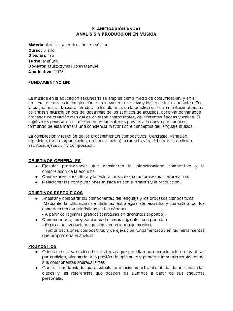 Planificación Anual de Música 2023 | PDF | Ritmo | Composiciones Musicales