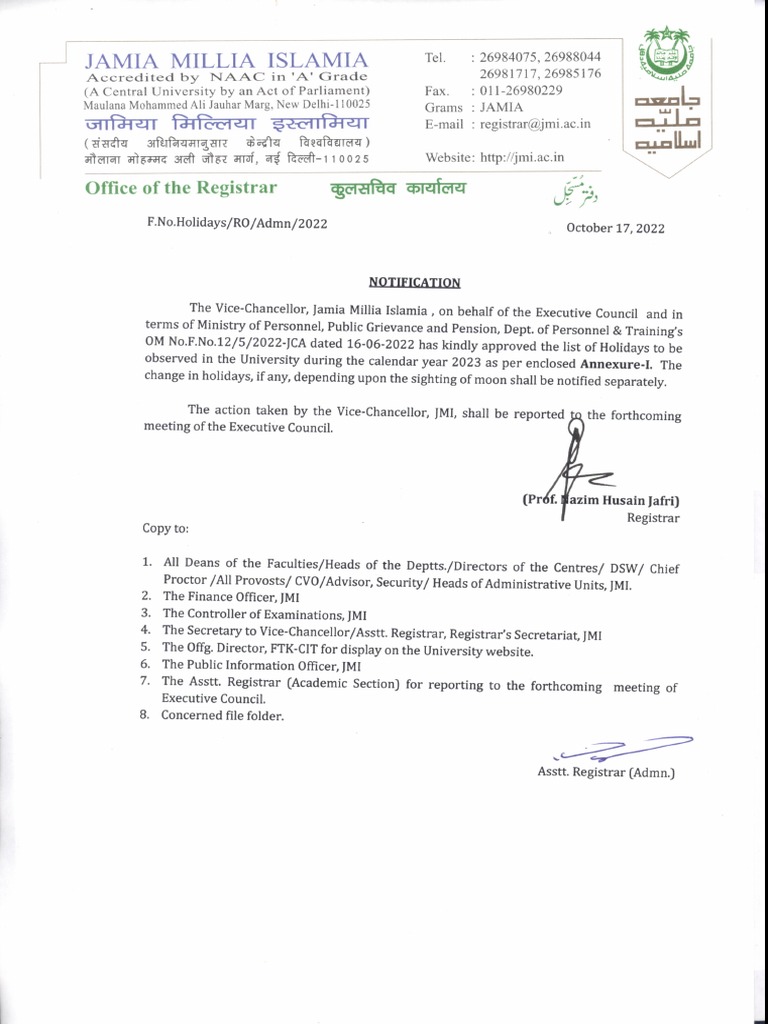 Jamia List of Holidays PDF Public Holiday Religious Holidays