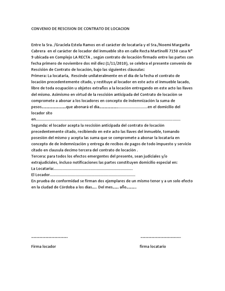 Formato Modelo De Rescisión De Contrato De Servicios