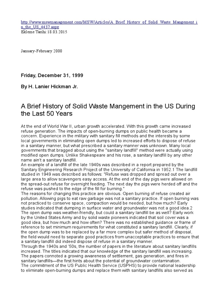 A Brief History of Solid Waste Mangement in The US During The Last 50