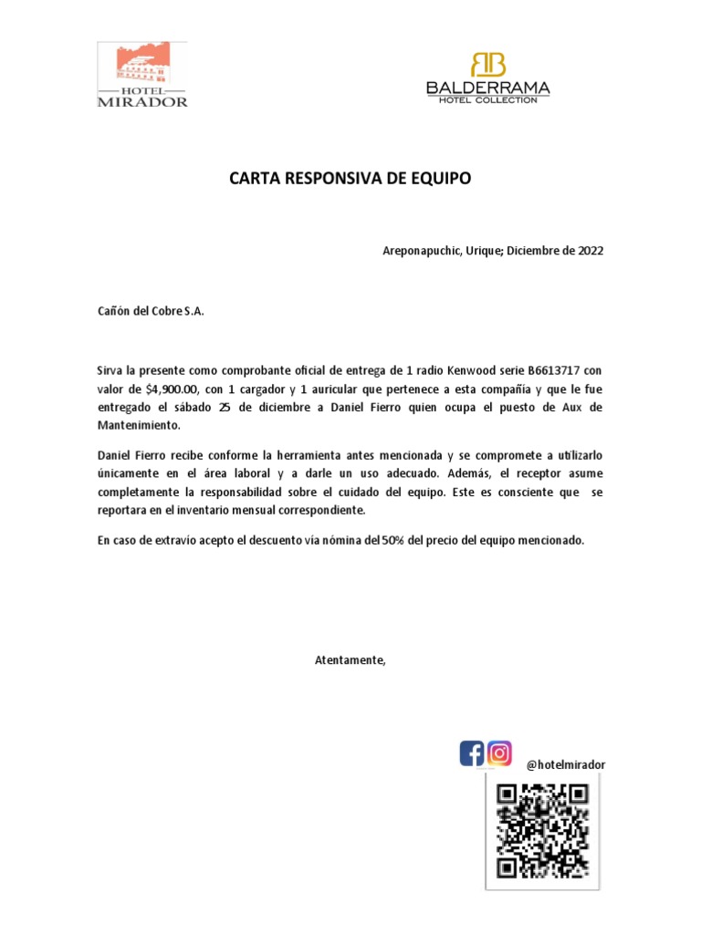 Carta responsiva herramienta de trabajo pdf