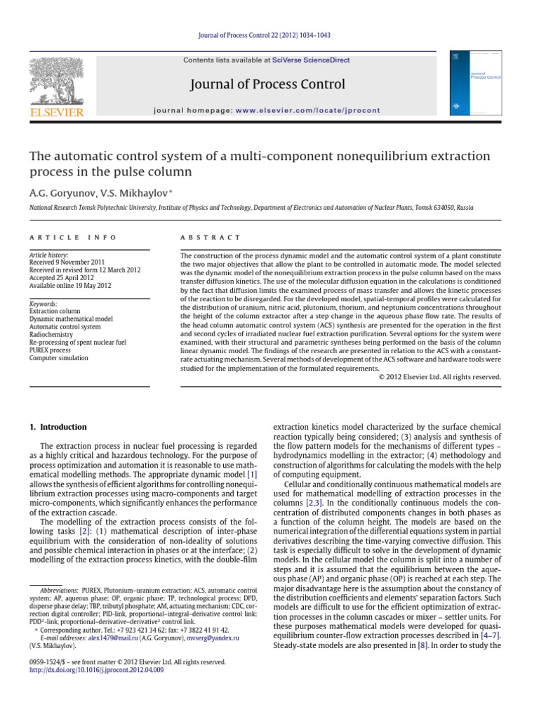 Automatic Control of Pulse Column | PDF | Chemical Kinetics | Diffusion