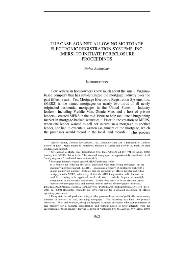 The Case Against Allowing Mortgage Electronic Registration Systems, Inc