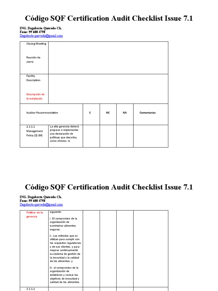 Checklist Auditoría Certificación SQF | PDF | Análisis de Riesgo y ...