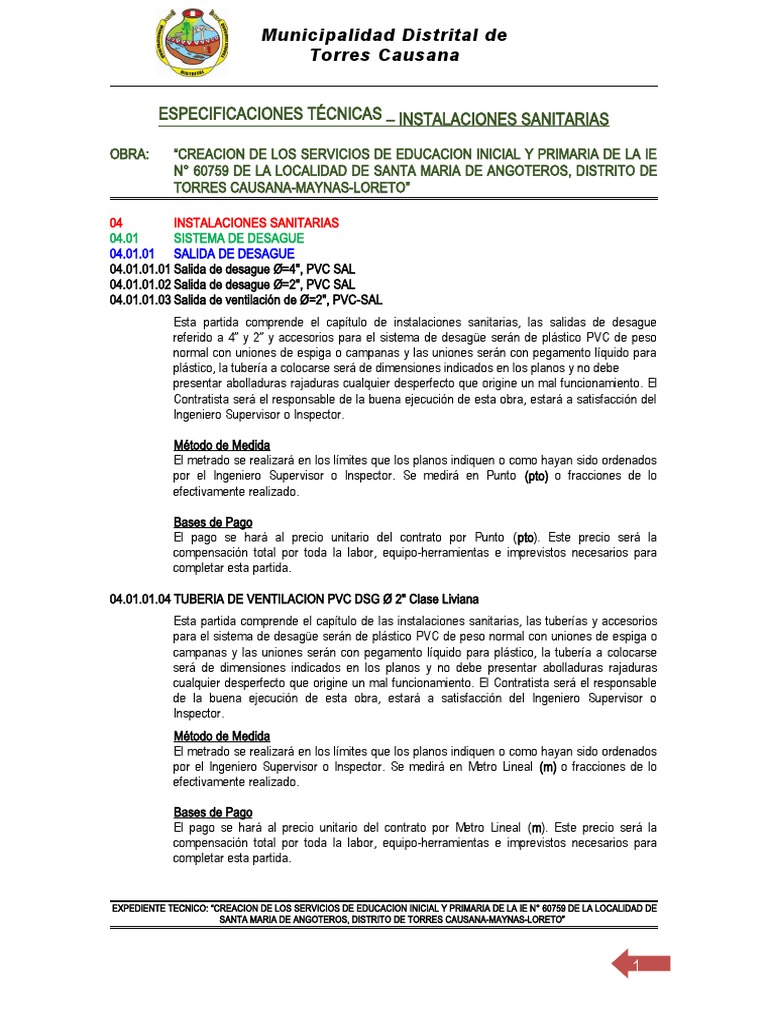 4.00 Especificaciones Tecnicas - Ins - Sanitarias | PDF | Tubería ...