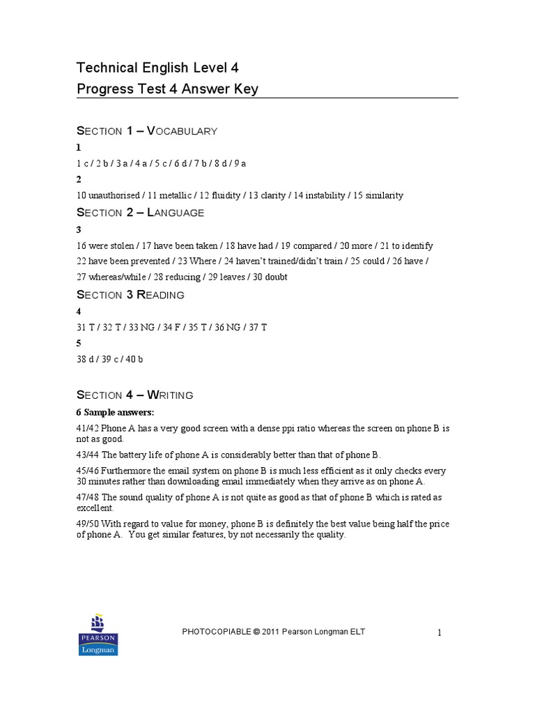 Technical English Level 4 Progress Test 4 Answer Key: PHOTOCOPIABLE ...