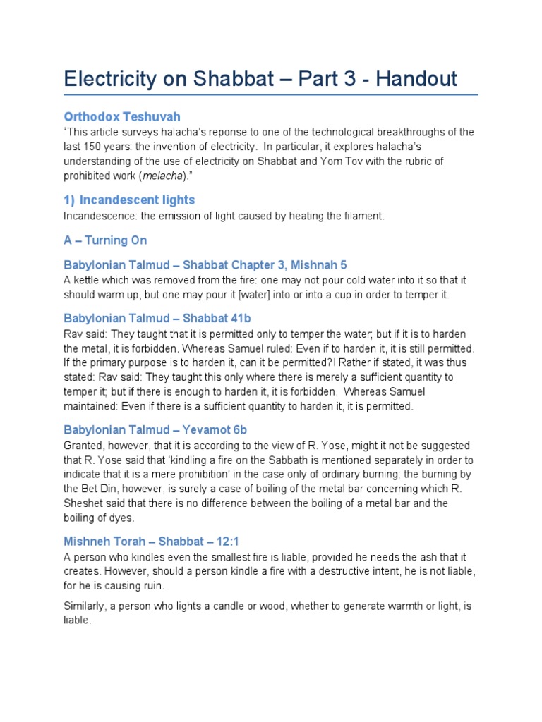 Talmud Class Electricity On Shabbat 3 Handout PDF Shabbat