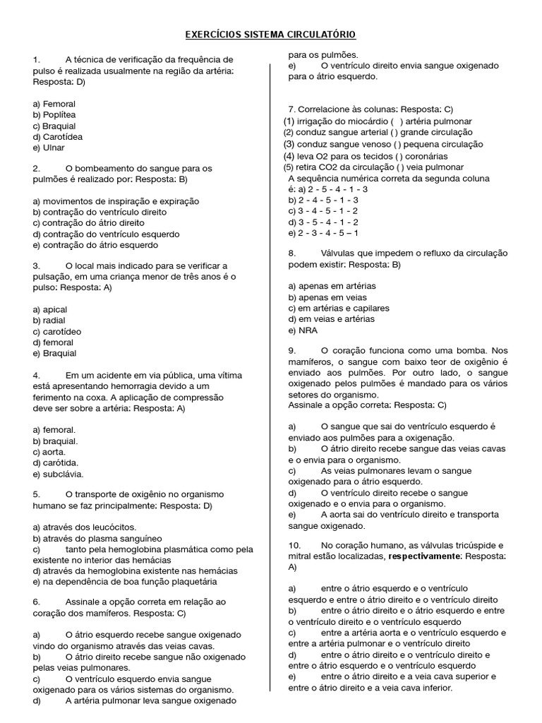 Exercícios sobre Sistema Circulatório | PDF | Ventrículo (coração ...