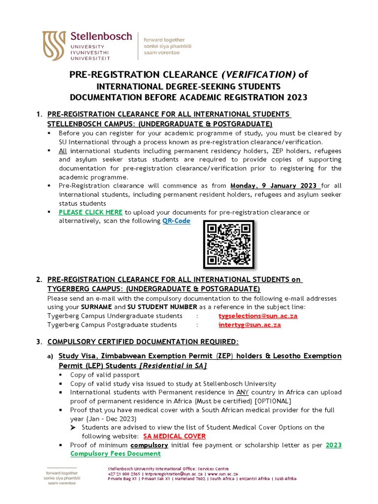 Documentation Requirements for International Students' PreRegistration