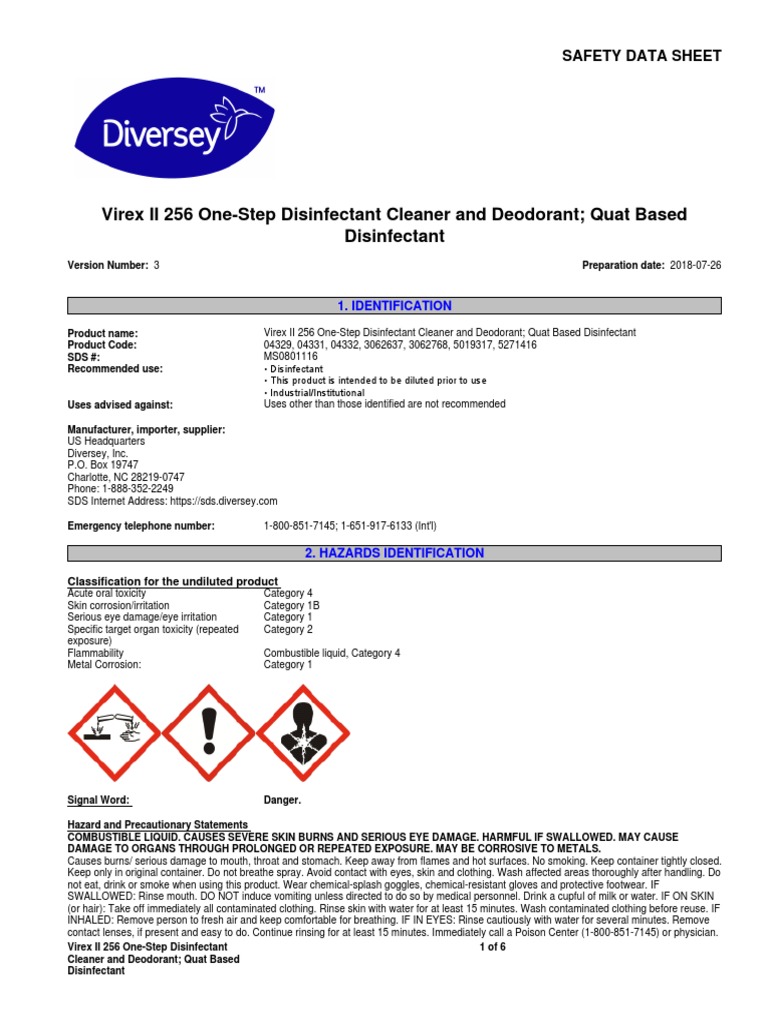 DIVERSEY Virex II 256 OneStep Disinfectant Cleaner and Deodorant Quat