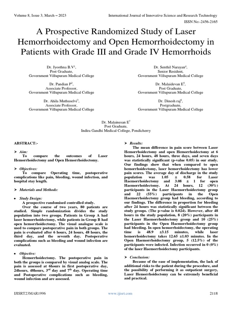 A Prospective Randomized Study of Laser Hemorrhoidectomy and Open