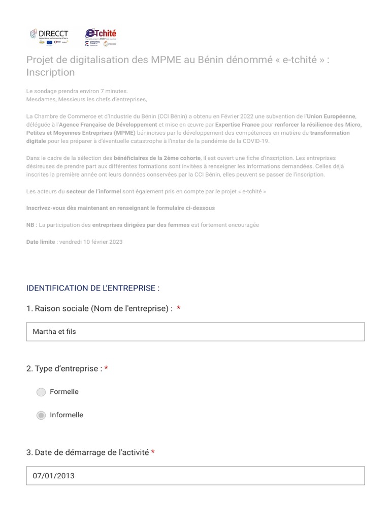 Inscription au projet e-tchité MPME Bénin | PDF | Petite ou moyenne ...
