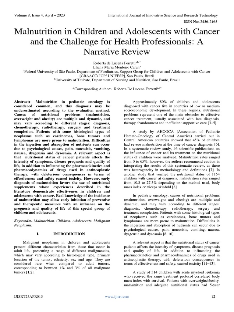 Malnutrition in Children and Adolescents With Cancer and The Challenge ...