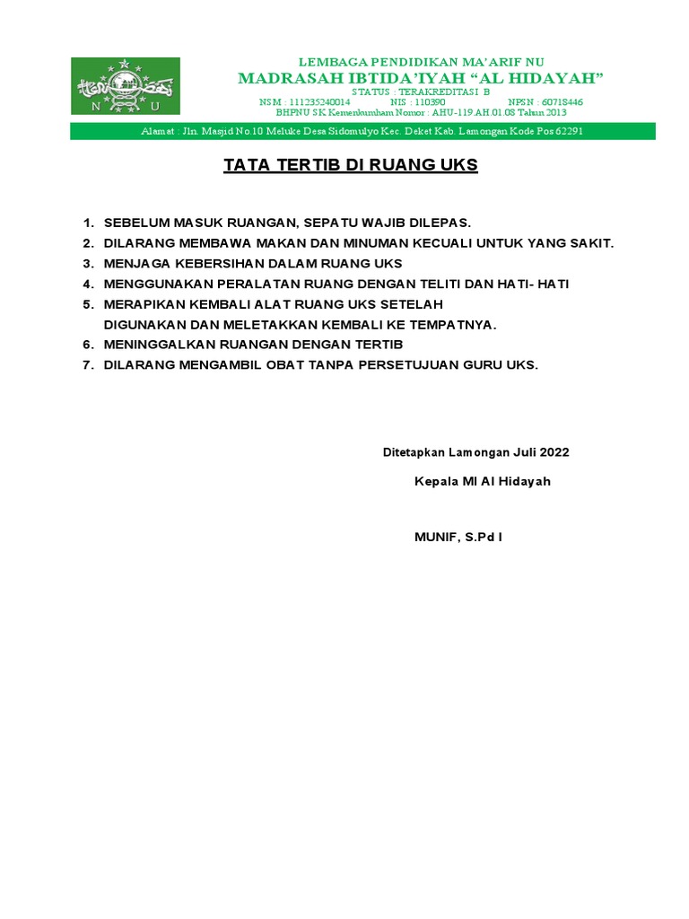 Tata Tertib Di Ruang Uks | PDF